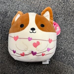 Squishmallows Brown White Plush Corgi with Pink & Purple Hearts